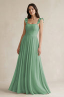 Ruffled Spaghetti Strap Chiffon A - Line Bridesmaid Dress in Sea Glass - KissProm Bridesmaid Dresses