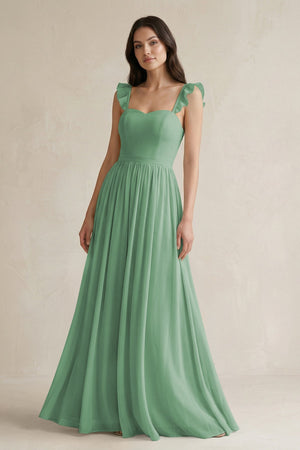 Ruffled Spaghetti Strap Chiffon A - Line Bridesmaid Dress in Sea Glass - KissProm Bridesmaid Dresses