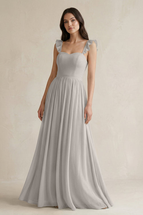 Ruffled Spaghetti Strap Chiffon A-Line Bridesmaid Dress in Silver, Silver / 16 Ruffled Spaghetti Strap Chiffon A-Line Bridesmaid Dress in Silver, Silver / 16