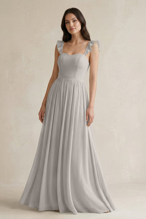 Ruffled Spaghetti Strap Chiffon A - Line Bridesmaid Dress in Silver - KissProm Bridesmaid Dresses