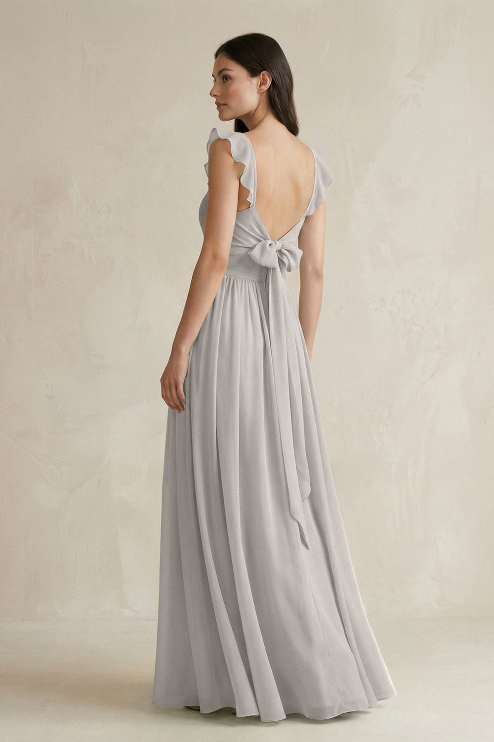 Ruffled Spaghetti Strap Chiffon A - Line Bridesmaid Dress in Silver - KissProm Bridesmaid Dresses
