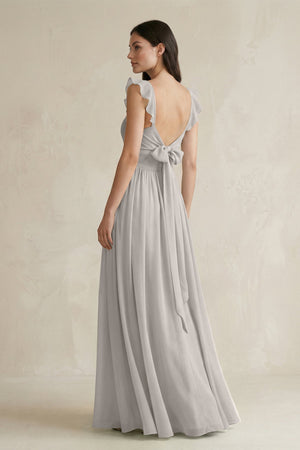 Ruffled Spaghetti Strap Chiffon A - Line Bridesmaid Dress in Silver - KissProm Bridesmaid Dresses