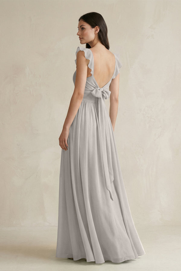 Ruffled Spaghetti Strap Chiffon A - Line Bridesmaid Dress in Silver - KissProm Bridesmaid Dresses