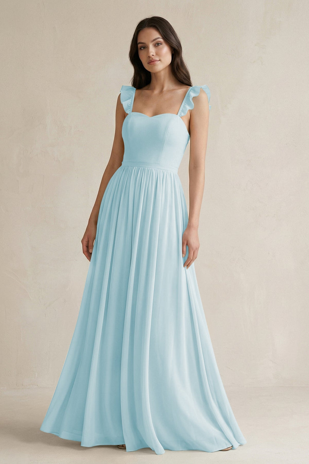Ruffled Spaghetti Strap Chiffon A - Line Bridesmaid Dress in Sky Blue - KissProm Bridesmaid Dresses