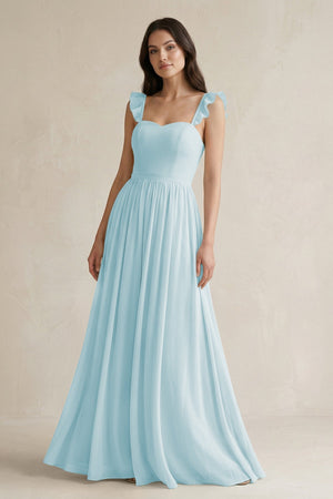 Ruffled Spaghetti Strap Chiffon A - Line Bridesmaid Dress in Sky Blue - KissProm Bridesmaid Dresses