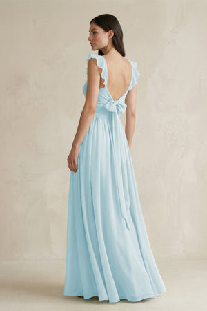 Ruffled Spaghetti Strap Chiffon A - Line Bridesmaid Dress in Sky Blue - KissProm Bridesmaid Dresses