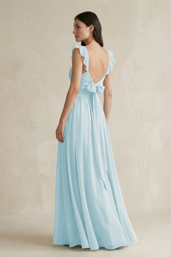 Ruffled Spaghetti Strap Chiffon A - Line Bridesmaid Dress in Sky Blue - KissProm Bridesmaid Dresses