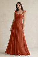 Ruffled Spaghetti Strap Chiffon A - Line Bridesmaid Dress in Spice - KissProm Bridesmaid Dresses