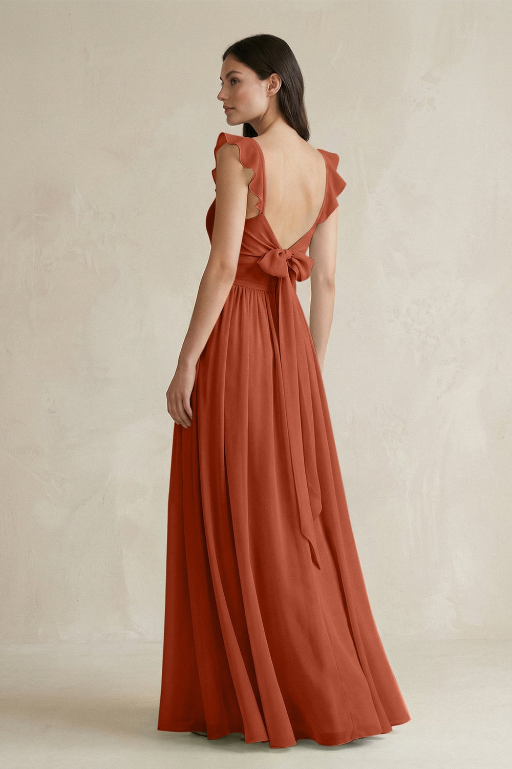 Ruffled Spaghetti Strap Chiffon A - Line Bridesmaid Dress in Spice - KissProm Bridesmaid Dresses