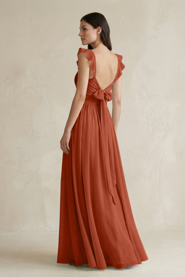 Ruffled Spaghetti Strap Chiffon A - Line Bridesmaid Dress in Spice - KissProm Bridesmaid Dresses