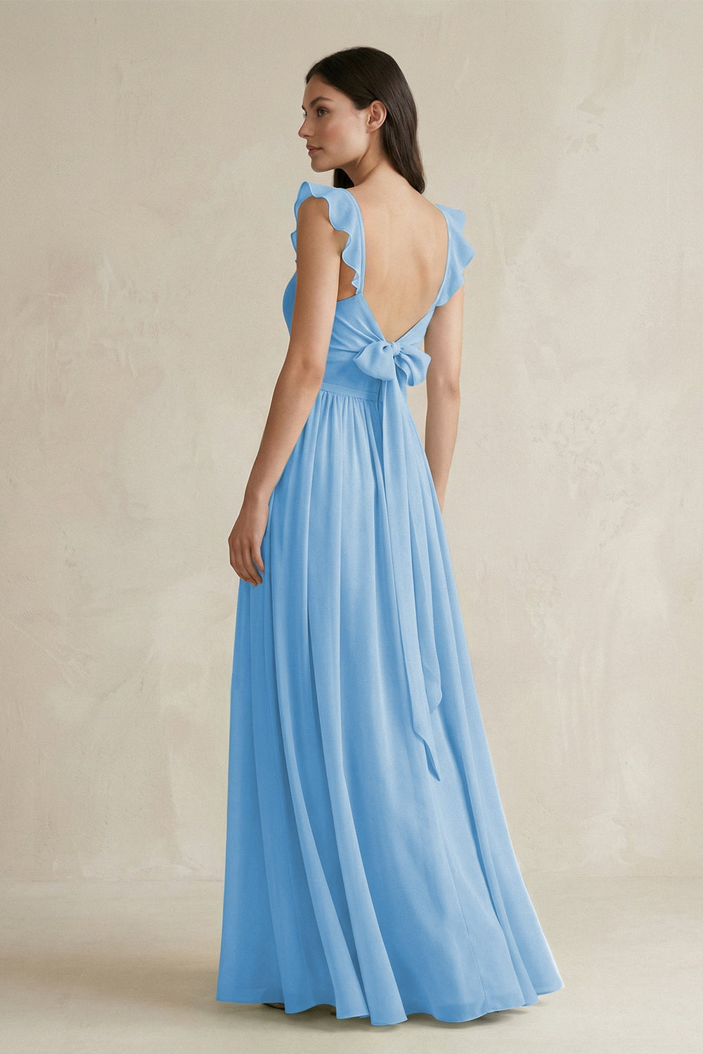 Ruffled Spaghetti Strap Chiffon A - Line Bridesmaid Dress in Steel Blue - KissProm Bridesmaid Dresses