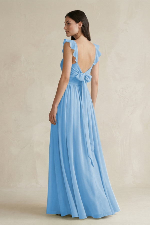 Ruffled Spaghetti Strap Chiffon A - Line Bridesmaid Dress in Steel Blue - KissProm Bridesmaid Dresses