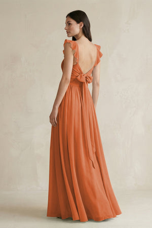 Ruffled Spaghetti Strap Chiffon A - Line Bridesmaid Dress in Terracotta - KissProm Bridesmaid Dresses