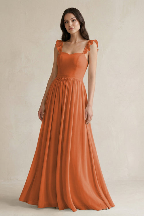 Ruffled Spaghetti Strap Chiffon A-Line Bridesmaid Dress in Terracotta, Terracotta / 20