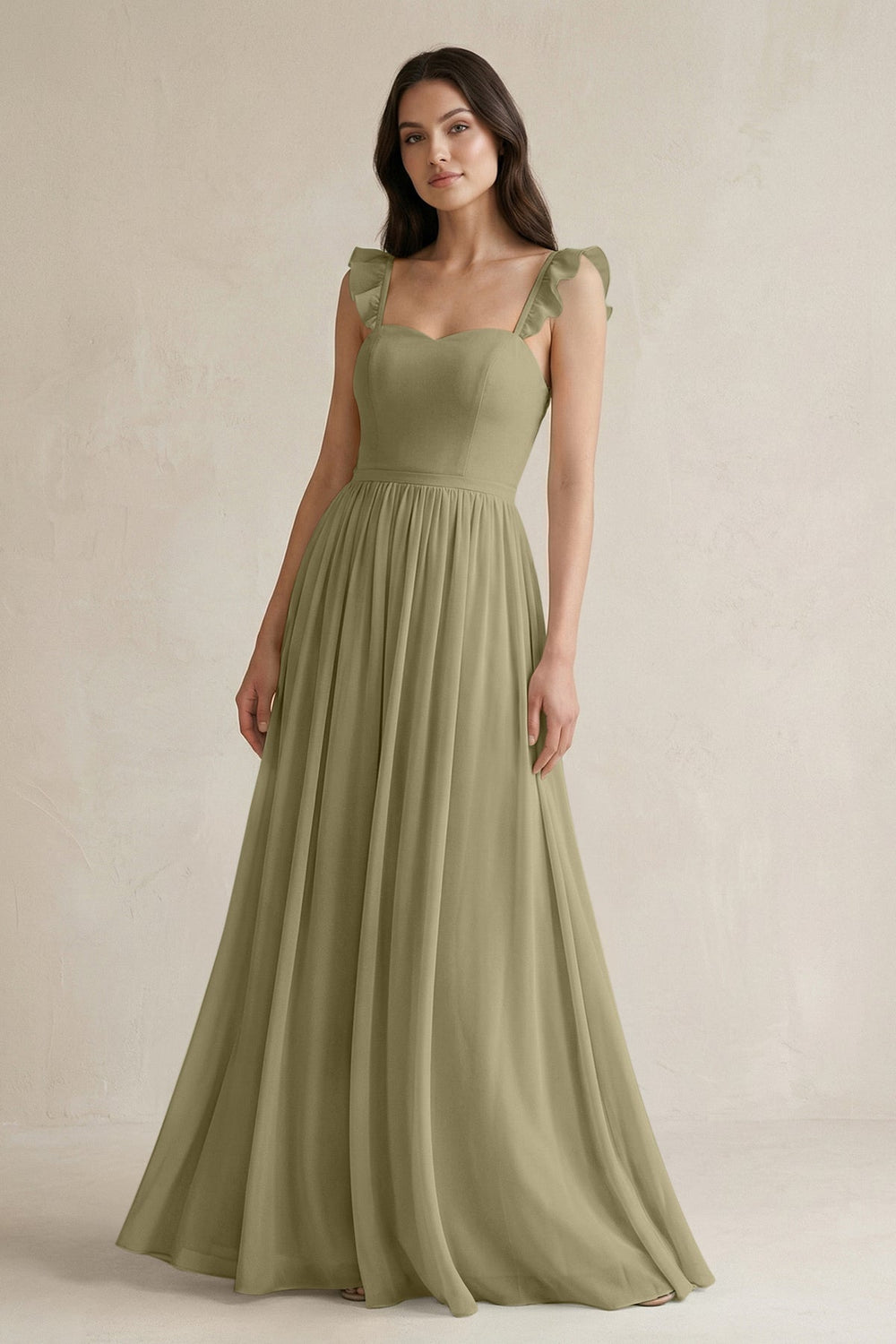Ruffled Spaghetti Strap Chiffon A - Line Bridesmaid Dress in Thyme - KissProm Bridesmaid Dresses