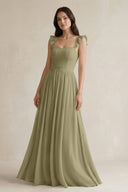 Ruffled Spaghetti Strap Chiffon A - Line Bridesmaid Dress in Thyme - KissProm Bridesmaid Dresses