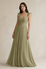Ruffled Spaghetti Strap Chiffon A - Line Bridesmaid Dress in Thyme - KissProm Bridesmaid Dresses