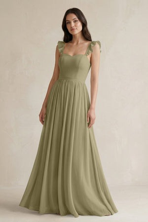 Ruffled Spaghetti Strap Chiffon A - Line Bridesmaid Dress in Thyme - KissProm Bridesmaid Dresses