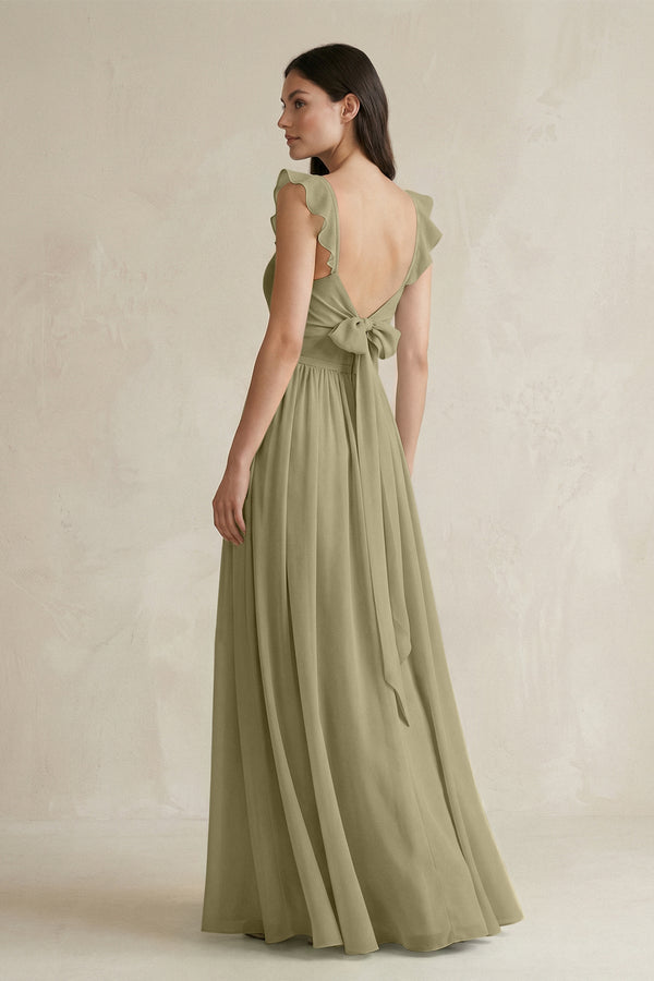 Ruffled Spaghetti Strap Chiffon A - Line Bridesmaid Dress in Thyme - KissProm Bridesmaid Dresses