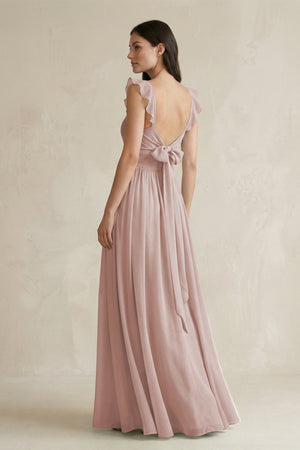 Ruffled Spaghetti Strap Chiffon A - Line Bridesmaid Dress in Toffee - KissProm Bridesmaid Dresses