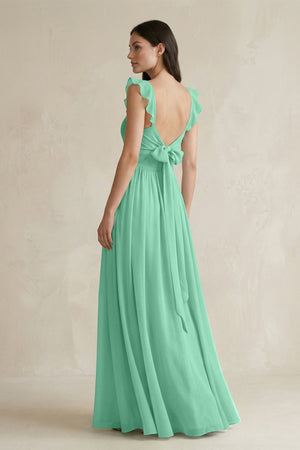 Ruffled Spaghetti Strap Chiffon A - Line Bridesmaid Dress in Turquoise - KissProm Bridesmaid Dresses