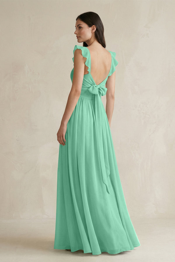 Ruffled Spaghetti Strap Chiffon A - Line Bridesmaid Dress in Turquoise - KissProm Bridesmaid Dresses