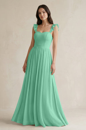Ruffled Spaghetti Strap Chiffon A - Line Bridesmaid Dress in Turquoise - KissProm Bridesmaid Dresses
