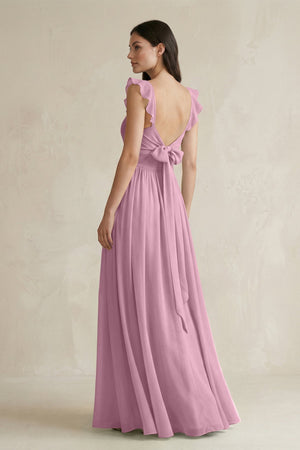 Ruffled Spaghetti Strap Chiffon A - Line Bridesmaid Dress in Vintage Mauve - KissProm Bridesmaid Dresses