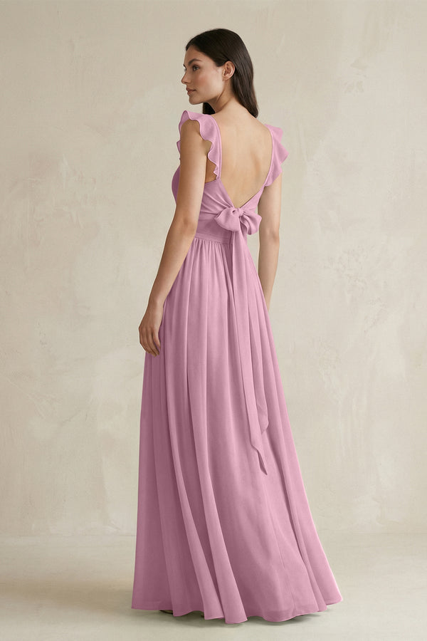 Ruffled Spaghetti Strap Chiffon A - Line Bridesmaid Dress in Vintage Mauve - KissProm Bridesmaid Dresses