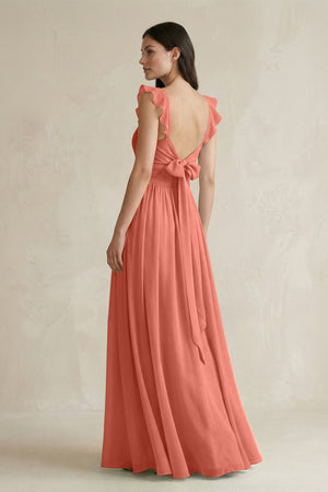 Ruffled Spaghetti Strap Chiffon A - Line Bridesmaid Dress in Wild Rose - KissProm Bridesmaid Dresses