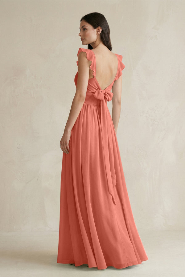 Ruffled Spaghetti Strap Chiffon A - Line Bridesmaid Dress in Wild Rose - KissProm Bridesmaid Dresses