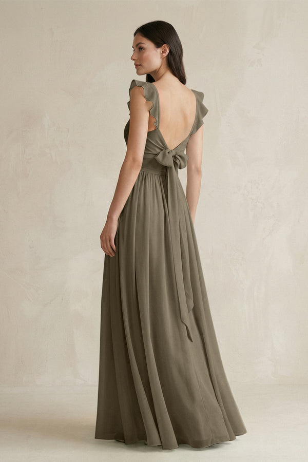 KissProm Ruffled Spaghetti Strap Chiffon A-Line Bridesmaid Dress in Willow Green, Willow Green / 16