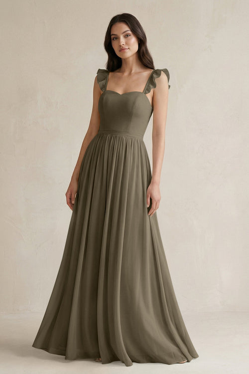 KissProm Ruffled Spaghetti Strap Chiffon A-Line Bridesmaid Dress in Willow Green, Willow Green / 16