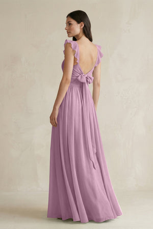 Ruffled Spaghetti Strap Chiffon A - Line Bridesmaid Dress in Wisteria - KissProm Bridesmaid Dresses