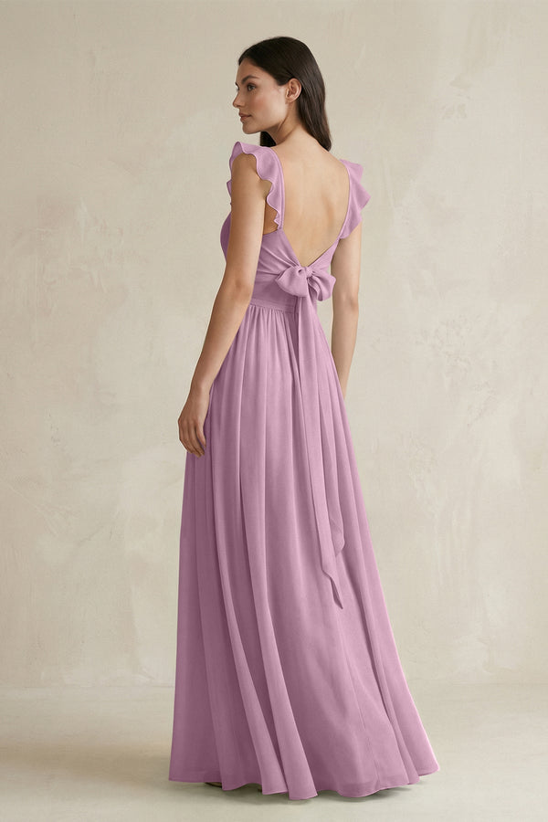 Ruffled Spaghetti Strap Chiffon A - Line Bridesmaid Dress in Wisteria - KissProm Bridesmaid Dresses
