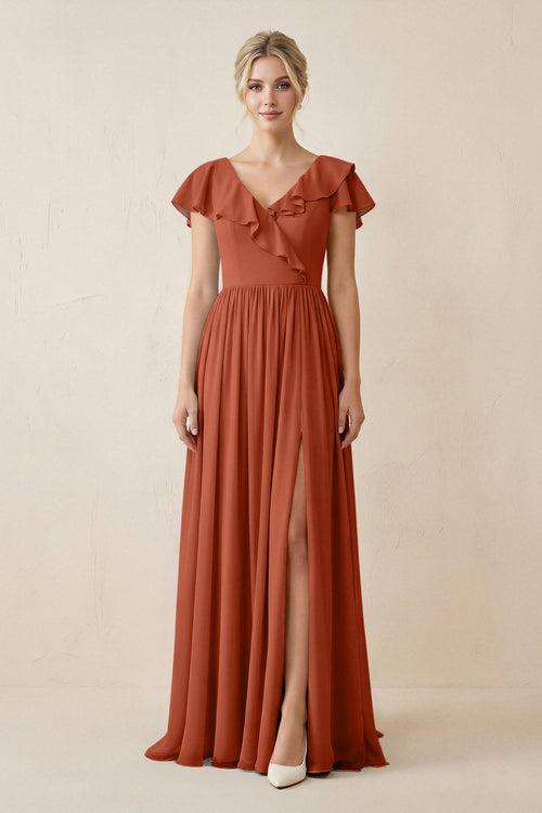 cap sleeve a line dress Cap Sleeve A-Line Ruffled Chiffon Bridesmaid Dress in Spice, Spice / 16