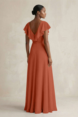 A-Line V-Neck Ruffled Sleeve Chiffon Bridesmaid Dress in Spice - KissProm BRIDESMAID DRESSES