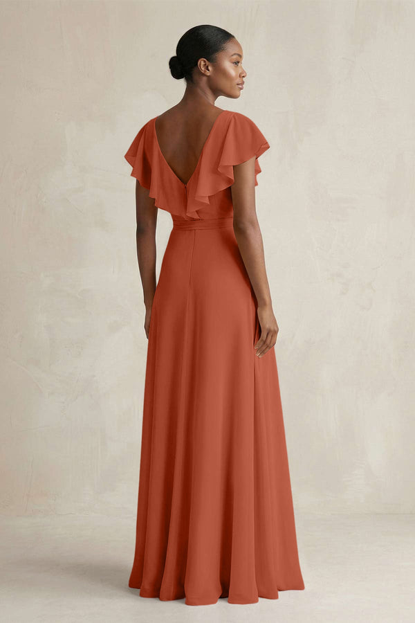A-Line V-Neck Ruffled Sleeve Chiffon Bridesmaid Dress in Spice - KissProm BRIDESMAID DRESSES