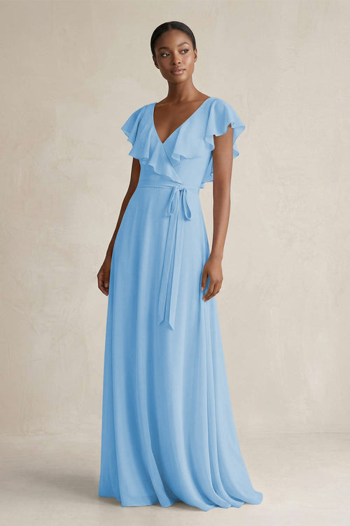 A-Line V-Neck Ruffled Sleeve Chiffon Bridesmaid Dress in Steel Blue - KissProm BRIDESMAID DRESSES