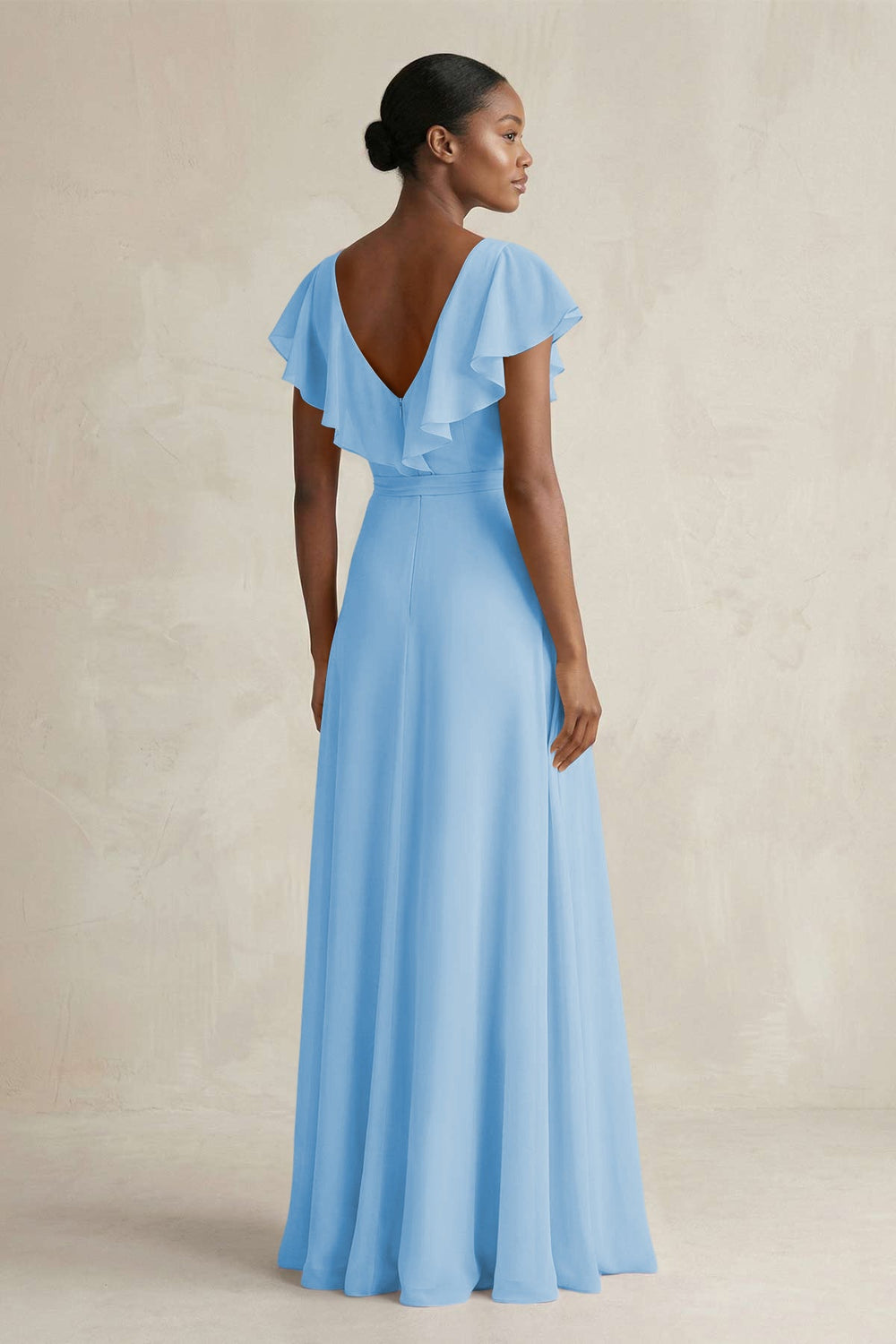 A-Line V-Neck Ruffled Sleeve Chiffon Bridesmaid Dress in Steel Blue - KissProm BRIDESMAID DRESSES