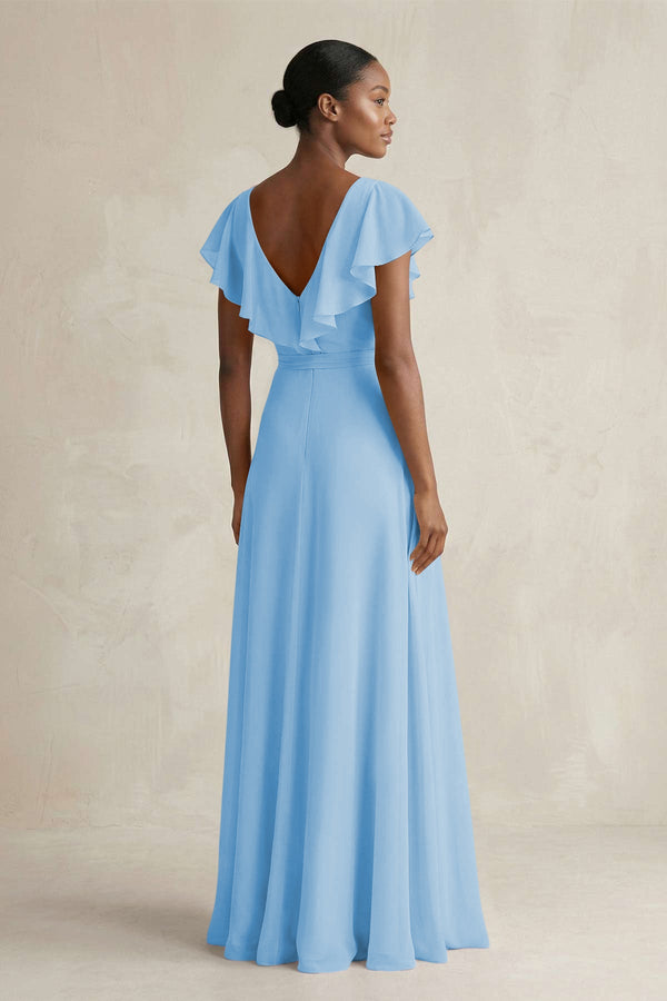 A-Line V-Neck Ruffled Sleeve Chiffon Bridesmaid Dress in Steel Blue - KissProm BRIDESMAID DRESSES