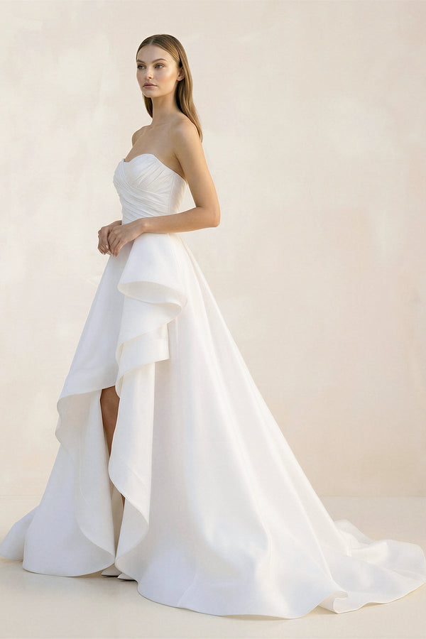 Ruffled Strapless A - Line Ruched Wedding Dress With Slit in White - KissProm Wedding Dresses