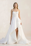 Ruffled Strapless A - Line Ruched Wedding Dress With Slit in White - KissProm Wedding Dresses