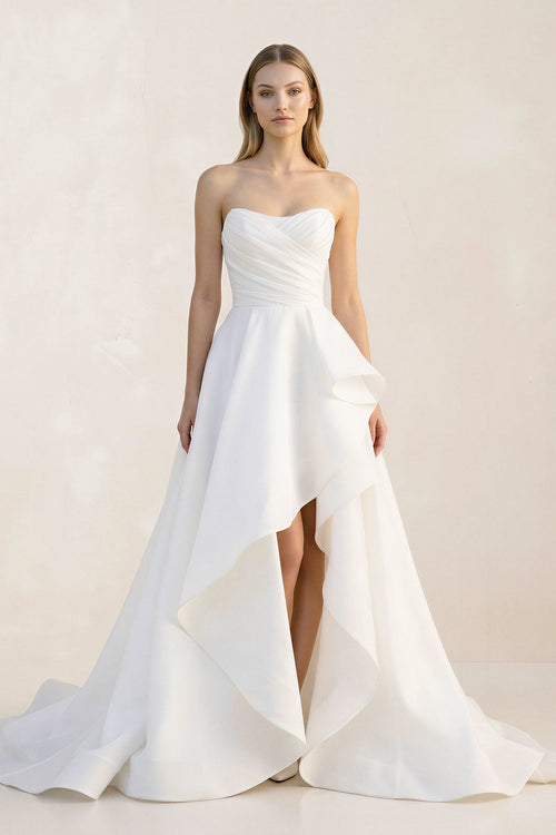 Ruffled Strapless A - Line Ruched Wedding Dress With Slit in White - KissProm Wedding Dresses