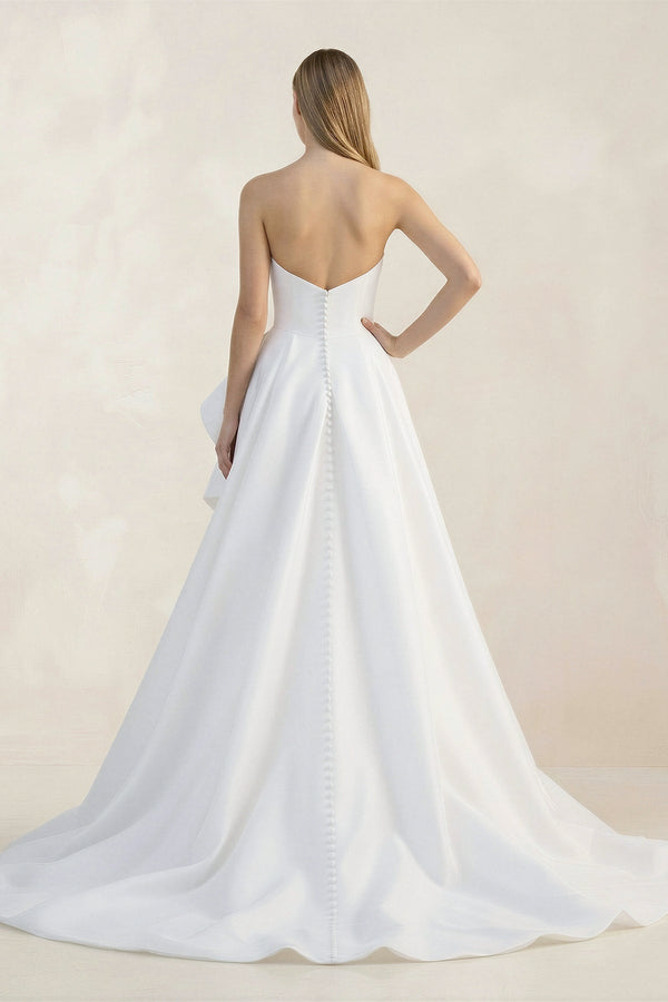 Ruffled Strapless A - Line Ruched Wedding Dress With Slit in White - KissProm Wedding Dresses