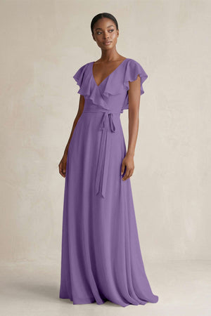 A-Line V-Neck Ruffled Sleeve Chiffon Bridesmaid Dress in Tahiti - KissProm BRIDESMAID DRESSES