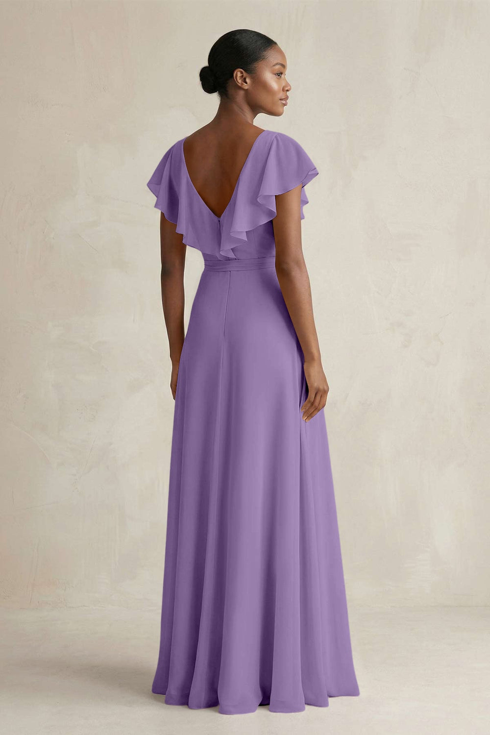 A-Line V-Neck Ruffled Sleeve Chiffon Bridesmaid Dress in Tahiti - KissProm BRIDESMAID DRESSES