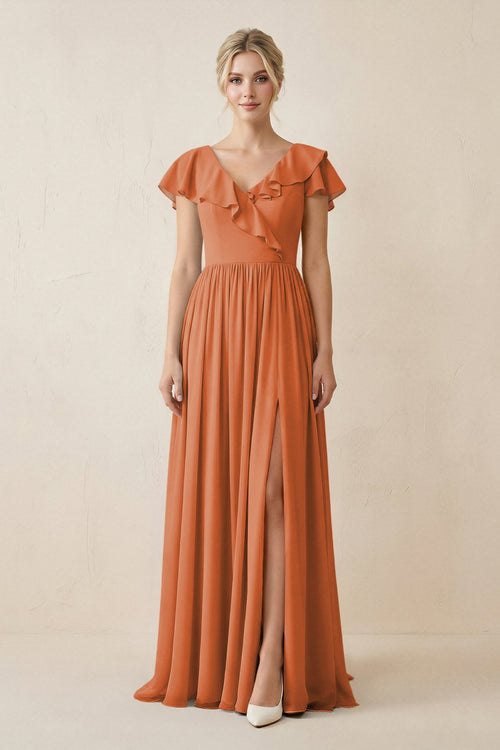 Cap Sleeve A-Line Ruffled Chiffon Bridesmaid Dress in Terracotta, Terracotta / 26