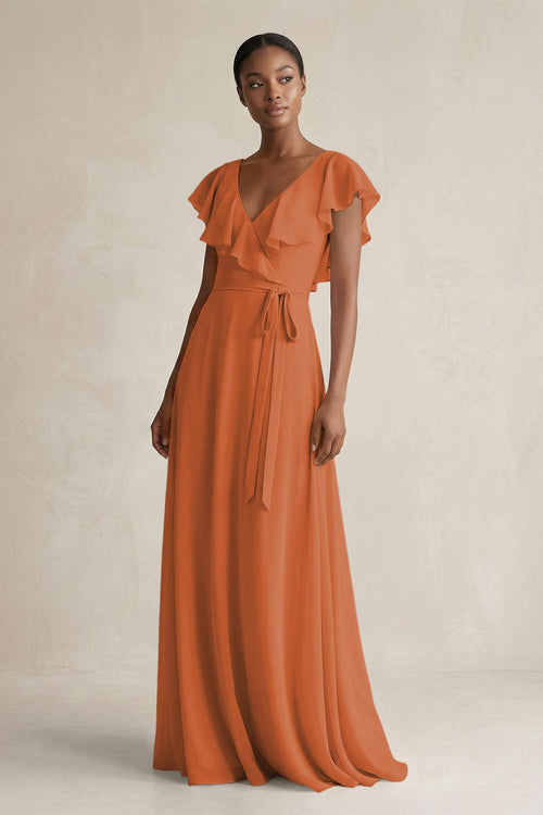 KissProm | V-Neck Ruffled Sleeve A-Line Chiffon Bridesmaid Dress in Terracotta KissProm | V-Neck Ruffled Sleeve A-Line Chiffon Bridesmaid Dress in Terracotta