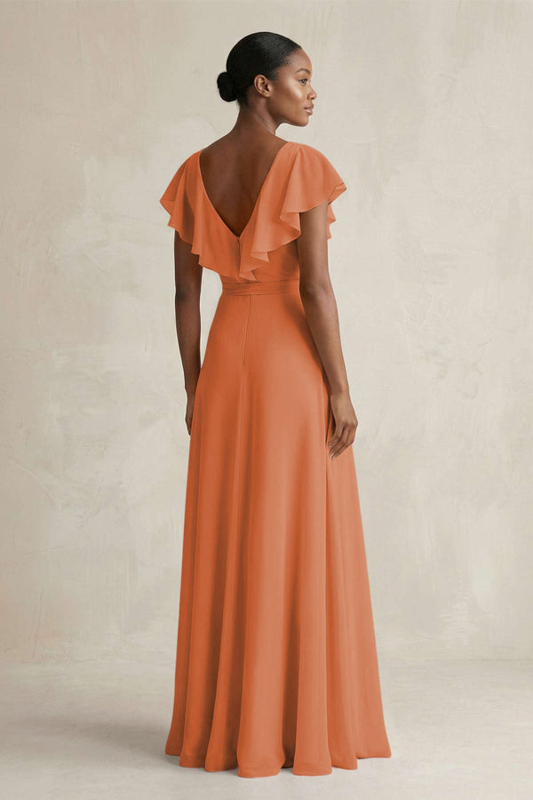 KissProm | V-Neck Ruffled Sleeve A-Line Chiffon Bridesmaid Dress in Terracotta KissProm | V-Neck Ruffled Sleeve A-Line Chiffon Bridesmaid Dress in Terracotta